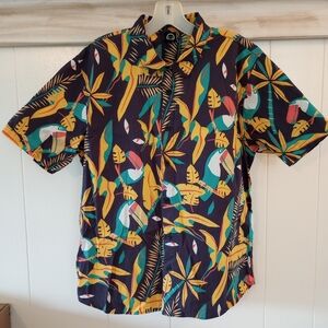 NEFF Shirt Mens Medium Blue Yellow Floral Flowers Toucan Tropical Birds Hawaiian